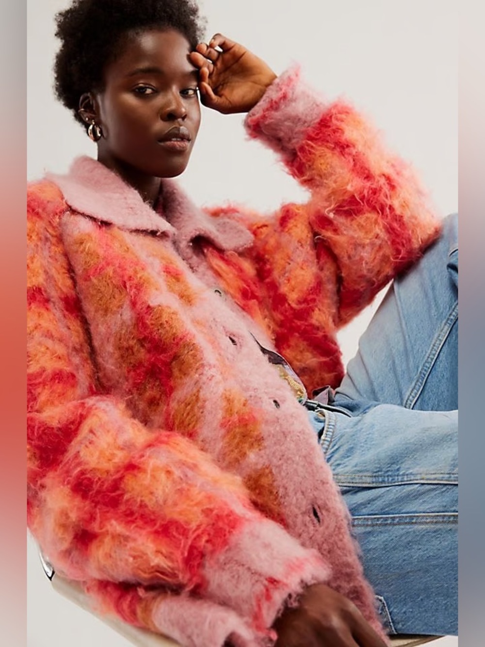 Free People Plush Pink Plaid Teddy Jacket with Button Front